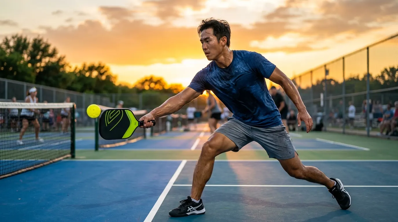 Pickleball player lunging for a shot on an outdoor court